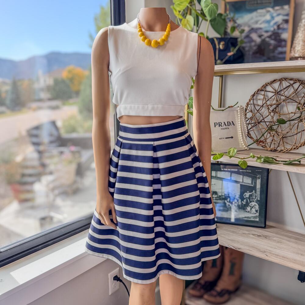 CHICWISH Adorable Striped High Waist Pleated A-Line Midi Skirt Navy/White-Small